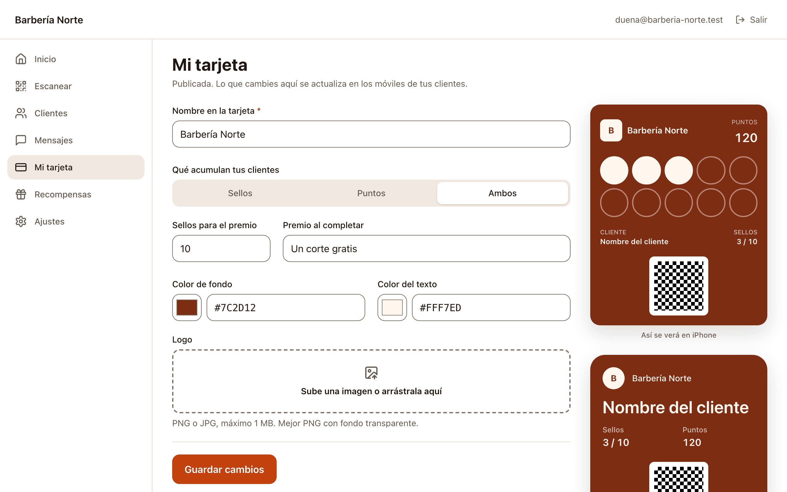 El diseñador de tarjetas de Poncha con vista previa en iPhone y Android